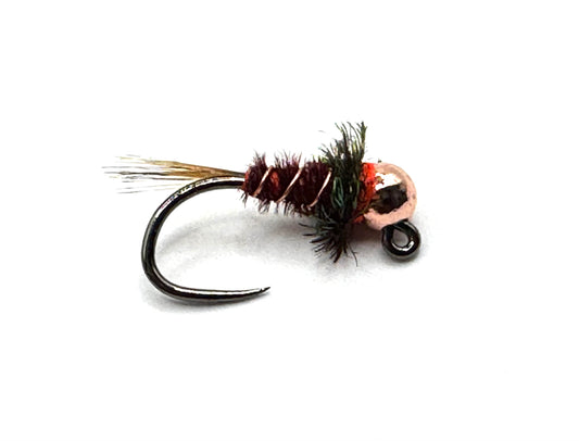 Size 16 Peacock Frenchies fly hook with copper bead and dark marabou tail