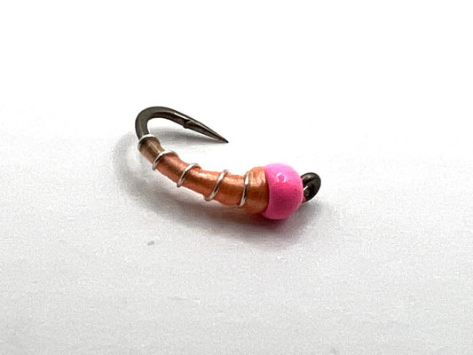 Light pink midge fly lure, copper segmented wrap and curved barbed hook