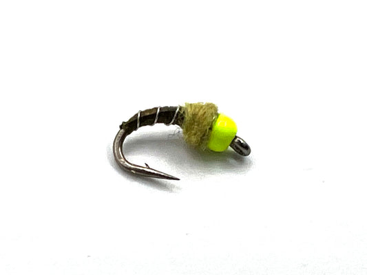 Olive midge fly with fluorescent green bead and olive dubbing, curved hook
