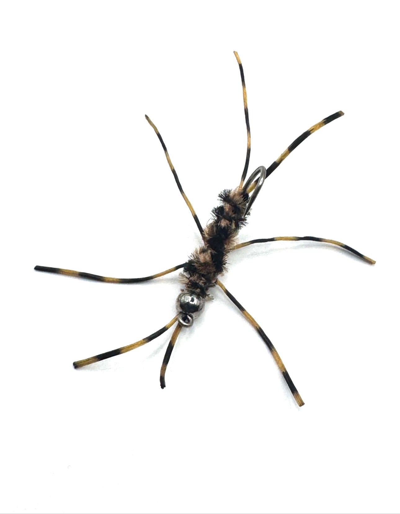 Black and yellow feather spider fishing lure with curved front hook