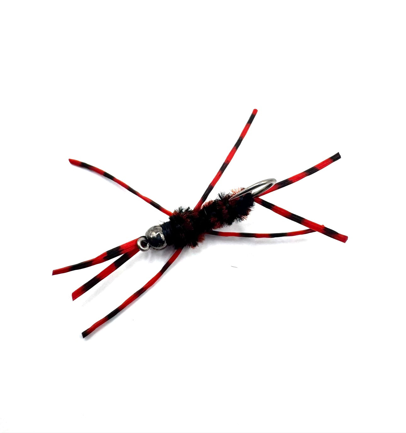 Red-and-black striped fly lure with fuzzy black body and silver hook shank