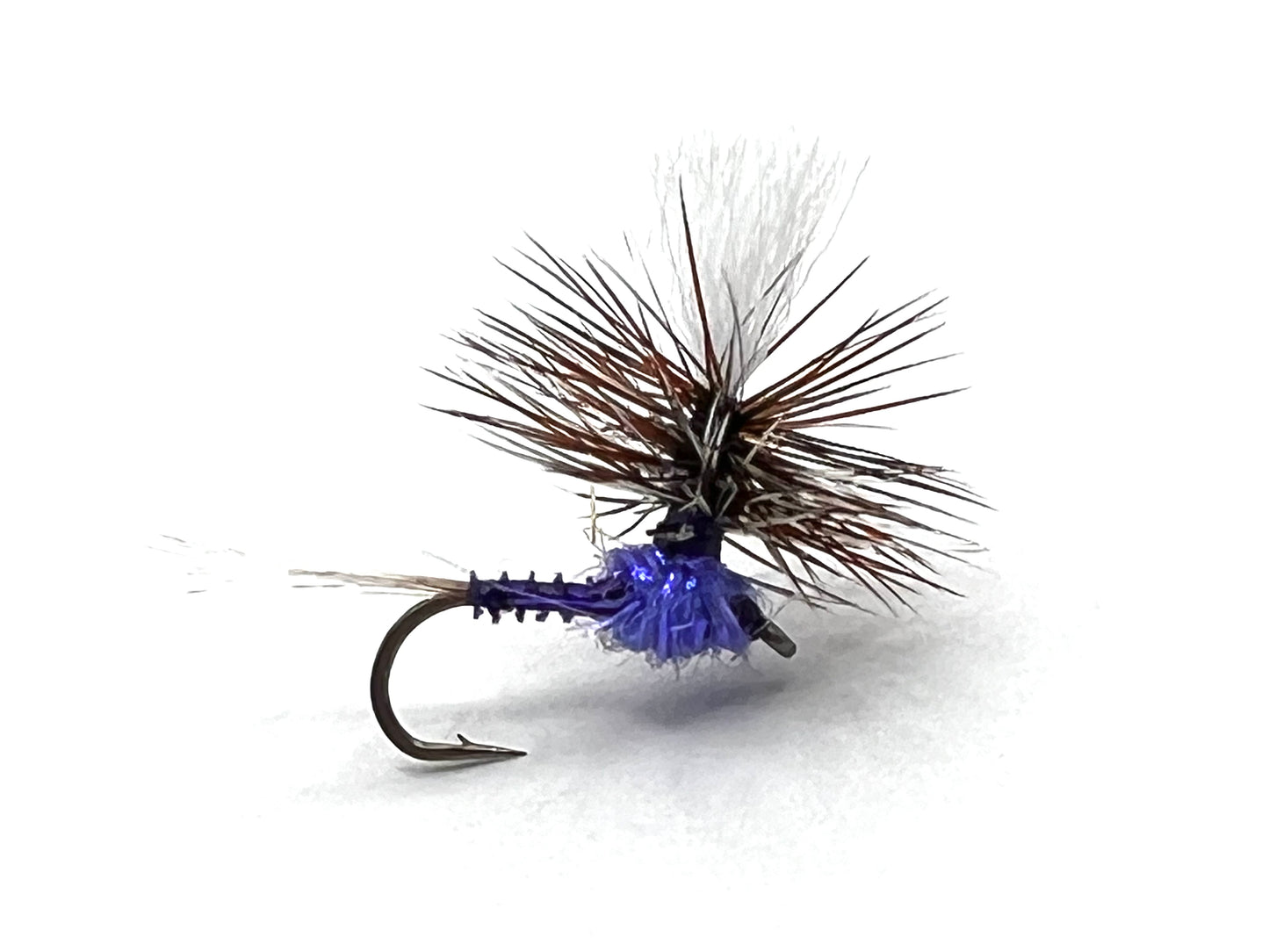 Size 14 Purple Haze dry fly top view, purple tuft and dark deer-hair collar