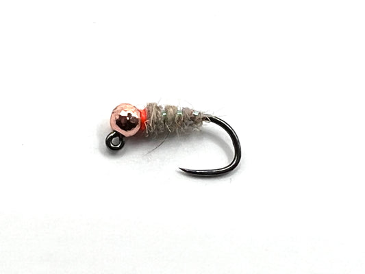Copper tungsten bead worm fly with gray shag, red bead segment, and black hook