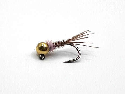 Gold bead nymph fly with lavender dubbing and two-tone brown tail fibers