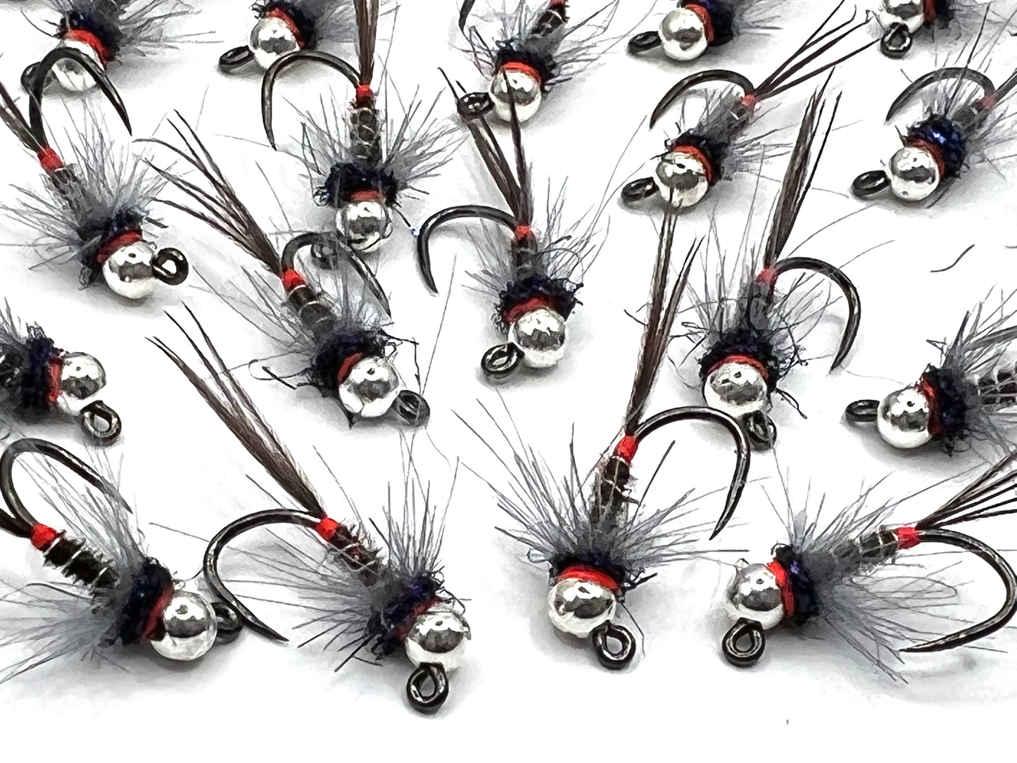 Size 12 black CDC nymph fly assortment, silver beads, red accents, feather legs