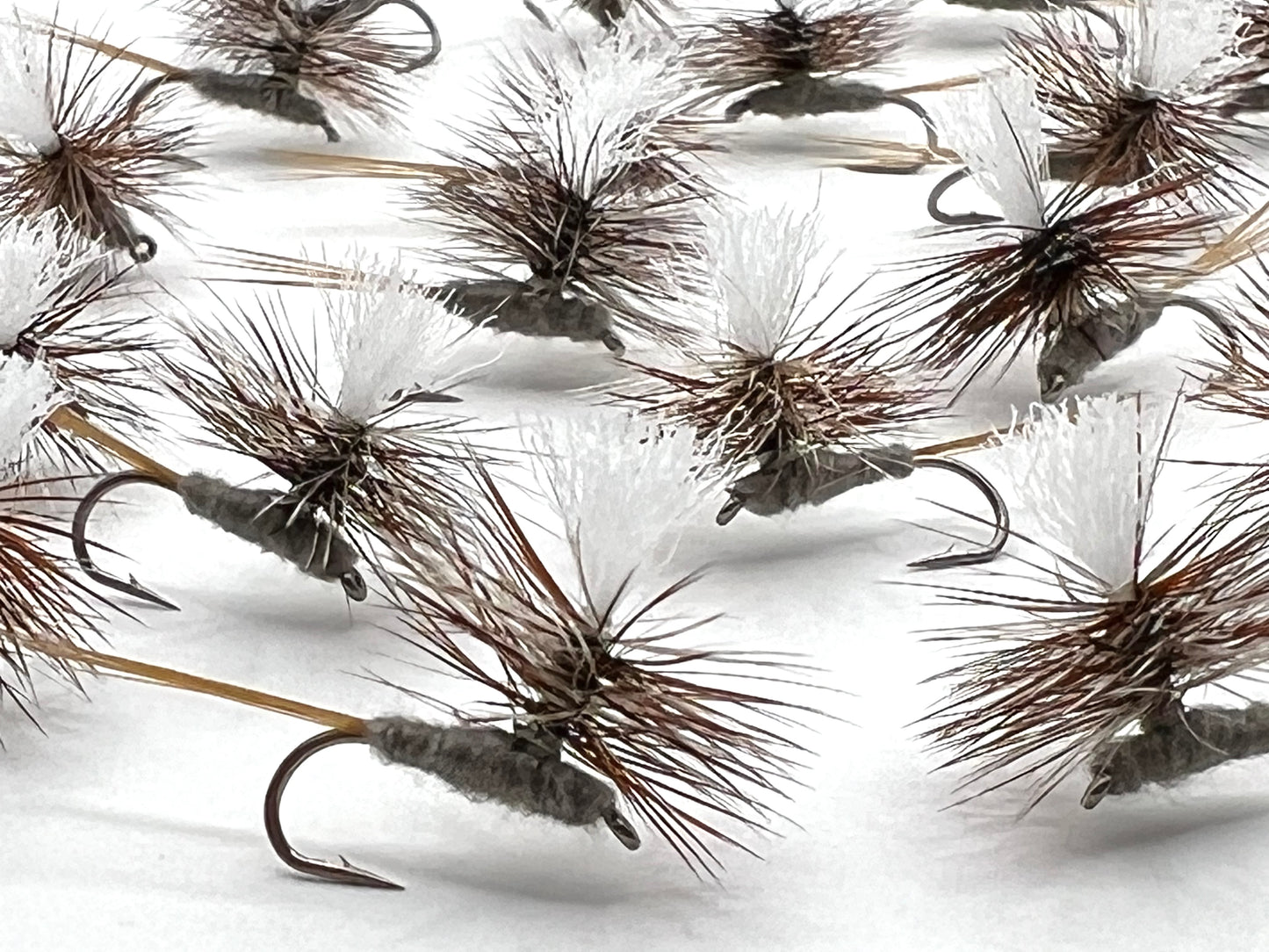 Assortment of gray Size 14 Parachute Adams dry flies, parachute wings with hooks