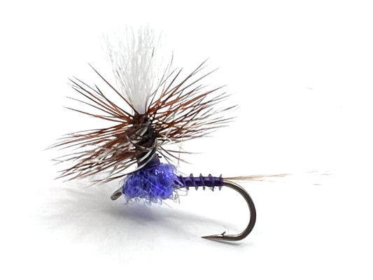 Size 14 Purple Haze dry fly with purple body and dark hackle on hook