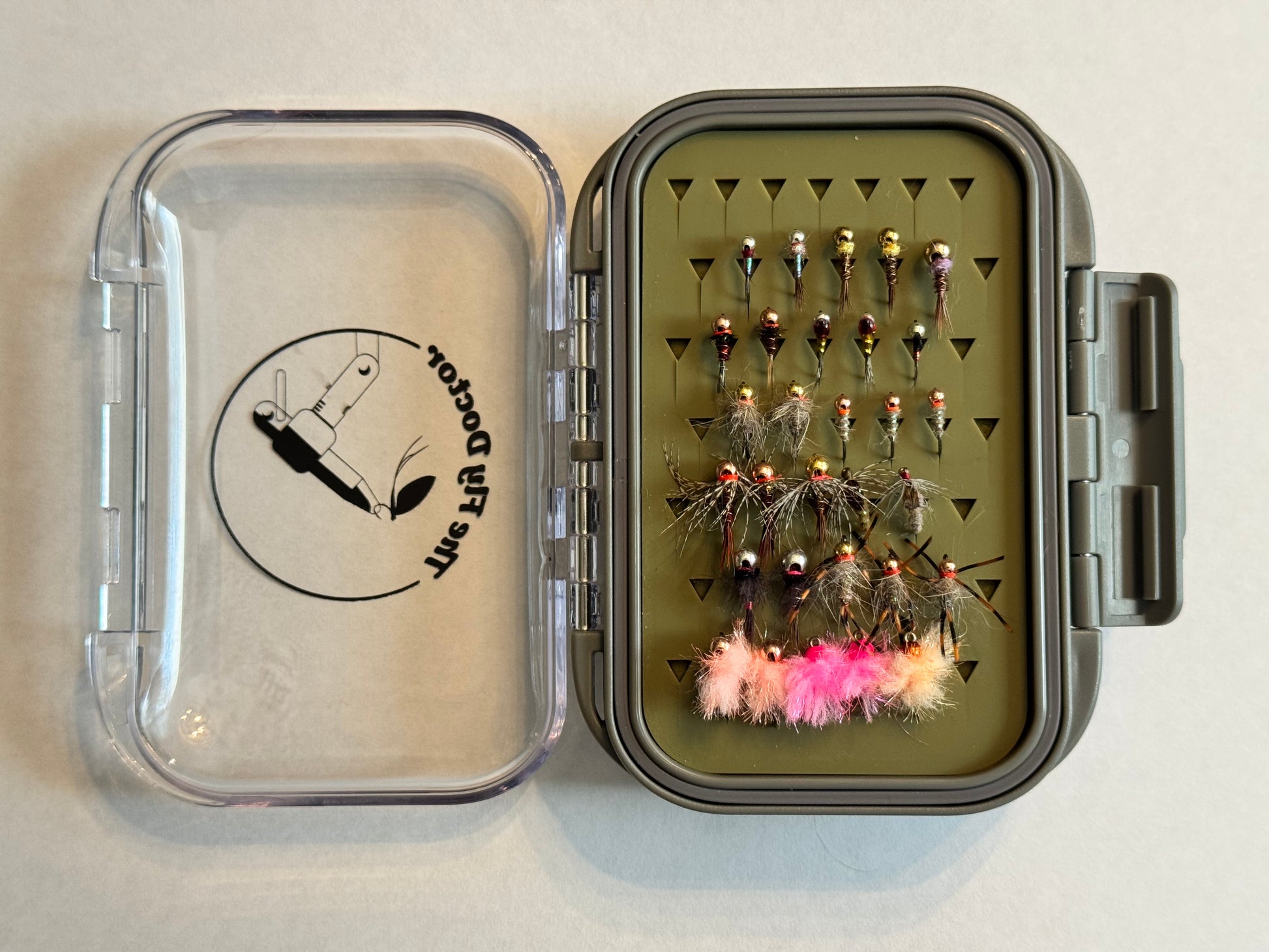 Nymph and Stonefly Box with clear lid and mounted nymph flies in compartment