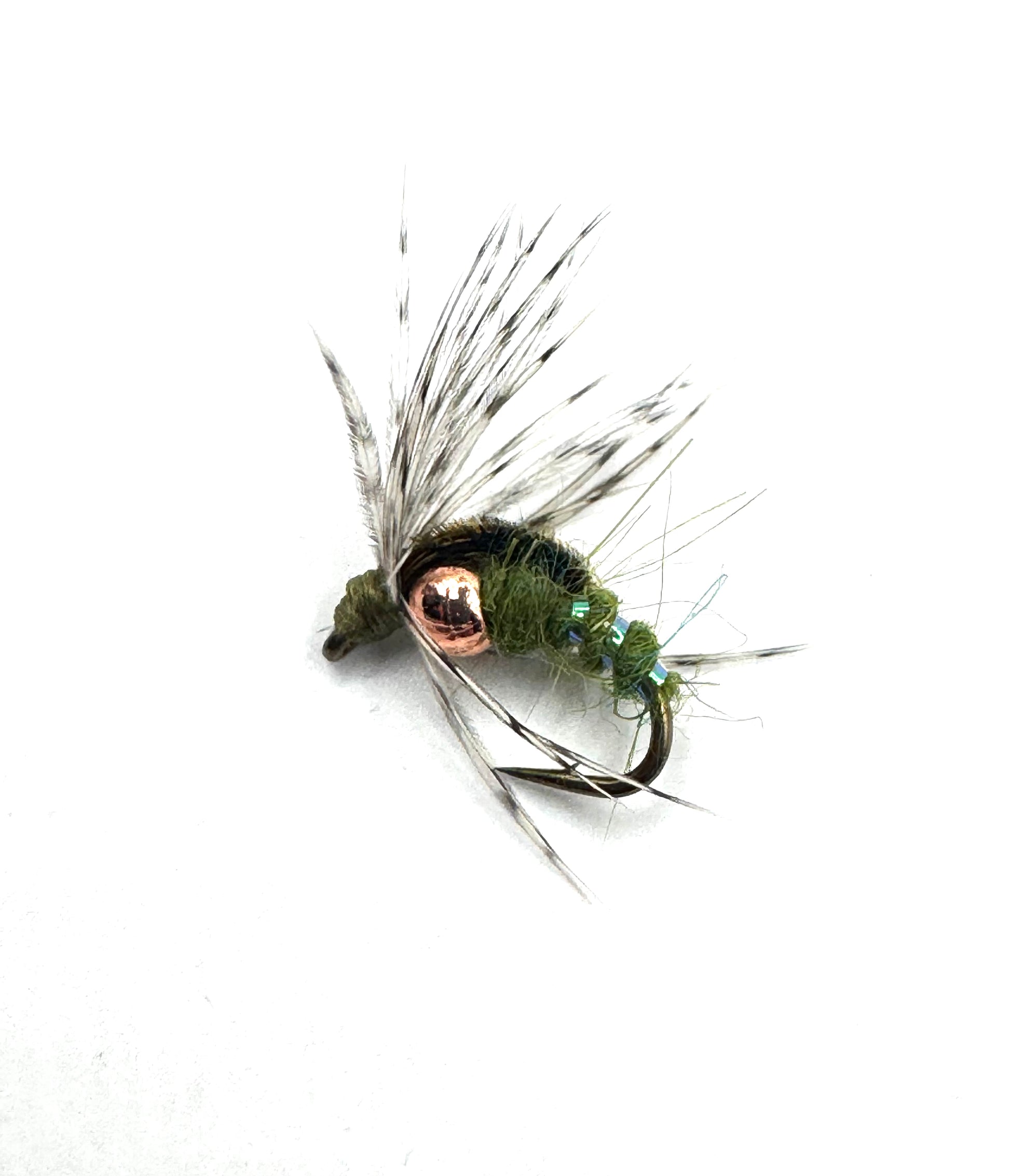 Close-up size 16 olive caddis emerger fly with gold bead, green dubbing, and hackle