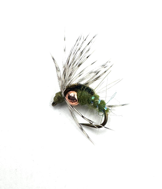 Close-up size 16 olive caddis emerger fly with gold bead, green dubbing, and hackle