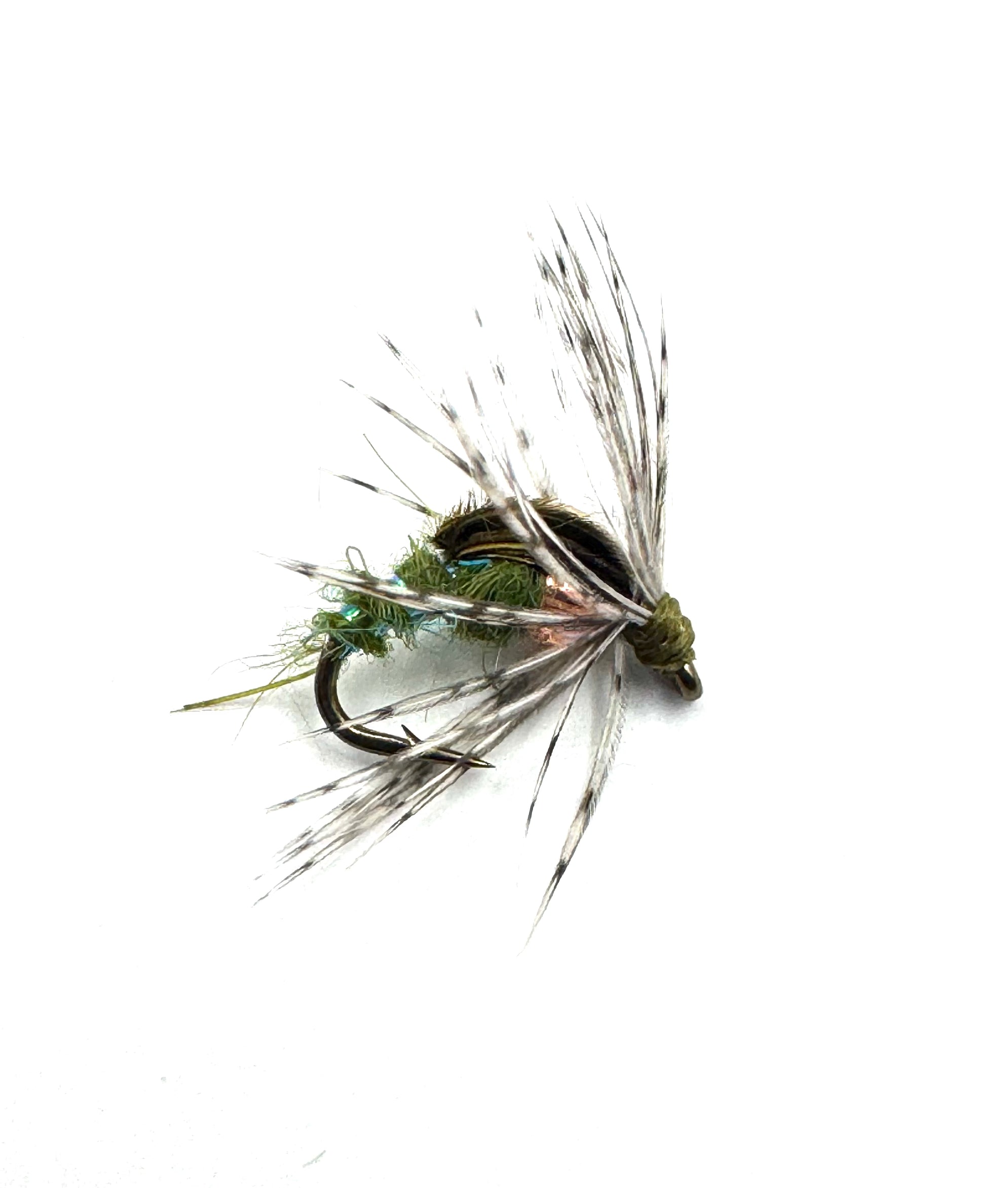 Size 16 olive caddis emerger fly, angled view with green dubbing and grey hackle