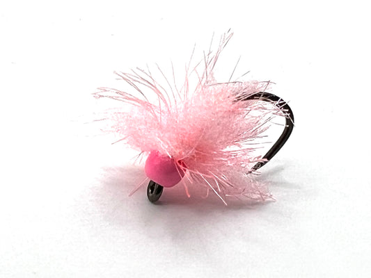 Size 12 Fire Pink tungsten egg lure, pink fuzzy tuft on curved hook