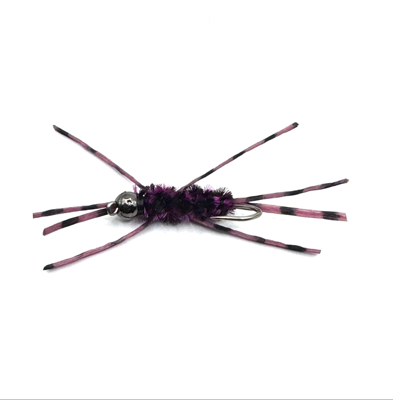 Size 12 fishing fly with fuchsia-striped legs, purple fuzzy body, barbed hook