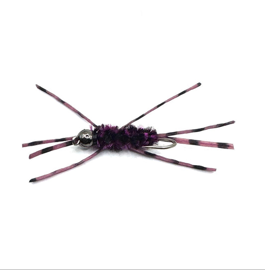Size 12 fishing fly with fuchsia-striped legs, purple fuzzy body, barbed hook