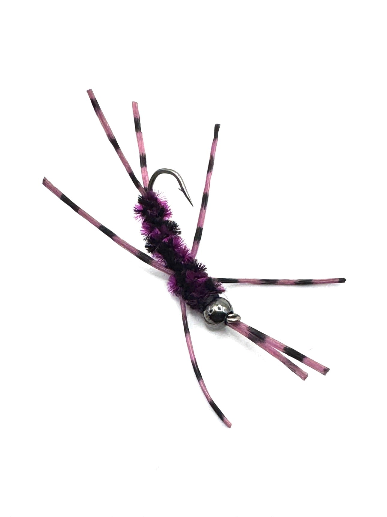 Size 12 fishing fly with arched legs, purple fuzzy tuft, fuchsia striping, barbed hook