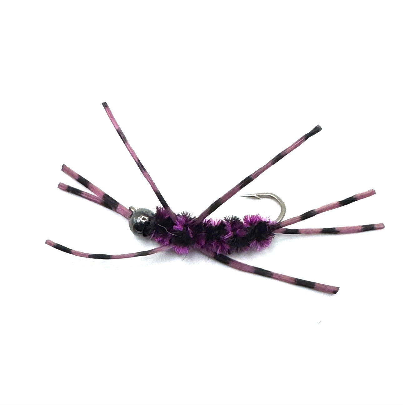 Size 12 fishing fly with fuchsia-striped legs and purple fuzzy center, barbed hook
