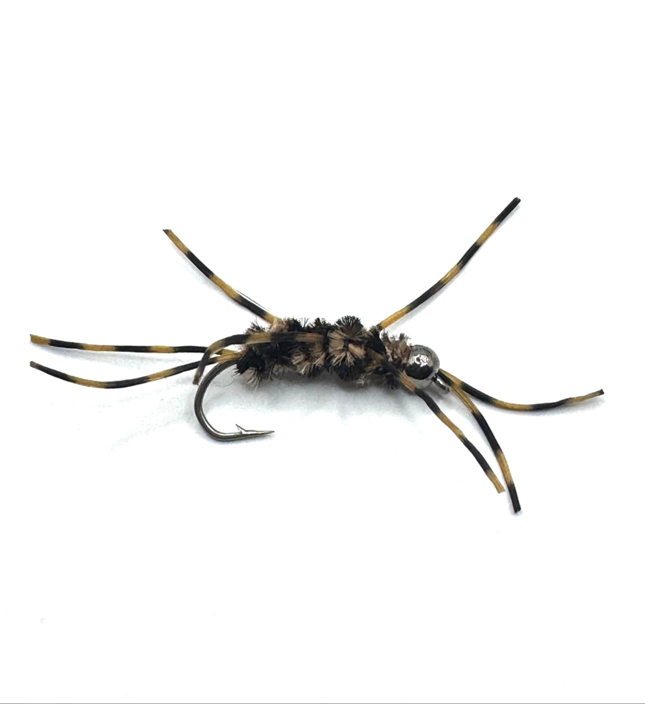 Black and yellow feather spider fishing lure, curved hook visible