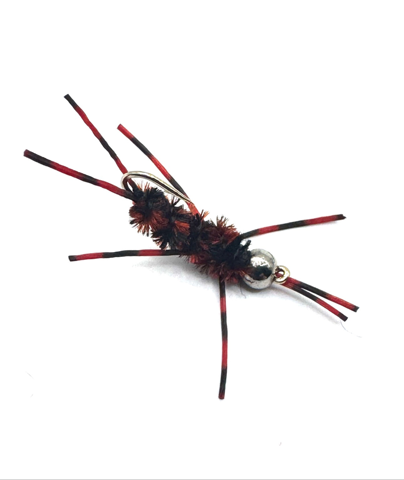 Red and black stonefly fishing lure with fuzzy thorax, split legs, metal eye beads