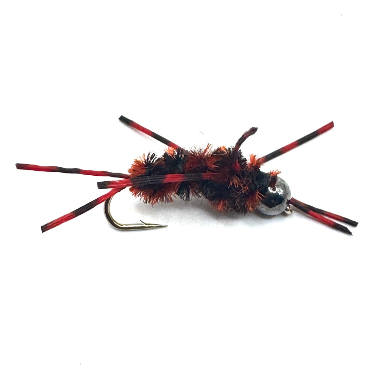 Red and black stonefly fishing lure on barbed hook, long fuzzy legs, metal body bead
