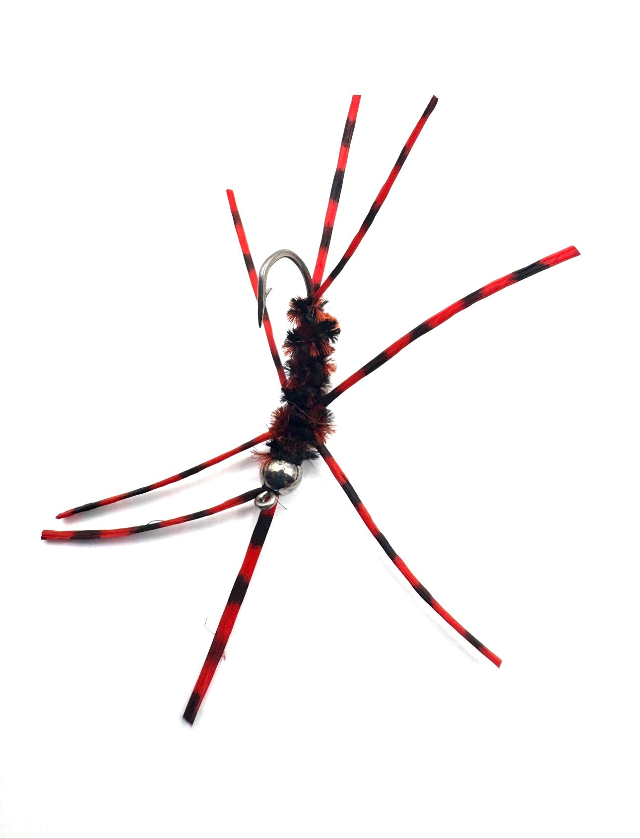 Red-and-black striped fly lure with fuzzy black body and curved silver hook
