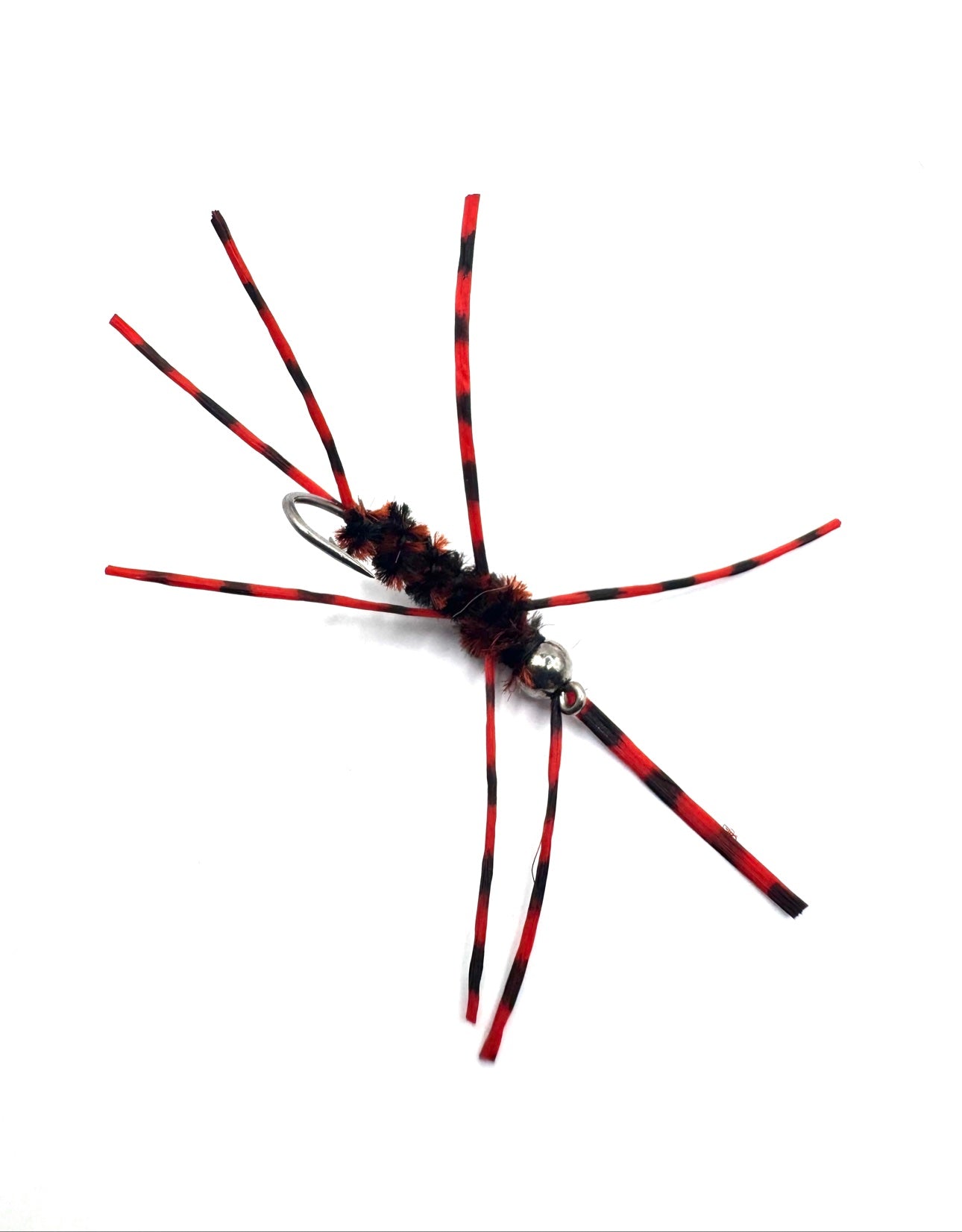 Red-and-black striped fly lure with fuzzy black body and silver hook