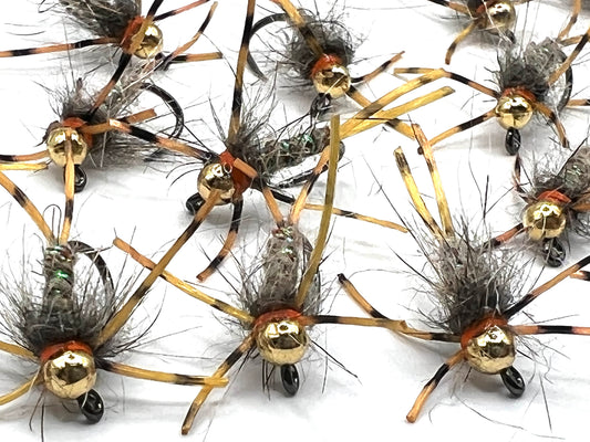 Size 12 Countach nymph set, gold bead bodies with gray dubbing and legs