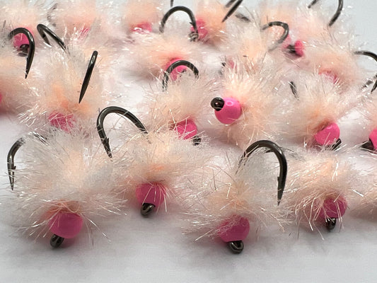 Size 12 Biscuit tungsten egg flies, pink beads, white fibers, barbless hooks