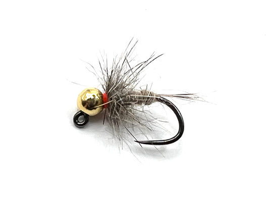 Gray UV hare's ear fly, side view: gold bead with red accent, black hook